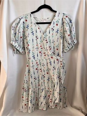 LC Lauren Conrad White Floral Wrap Mini Dress with Red and Blue Flowers